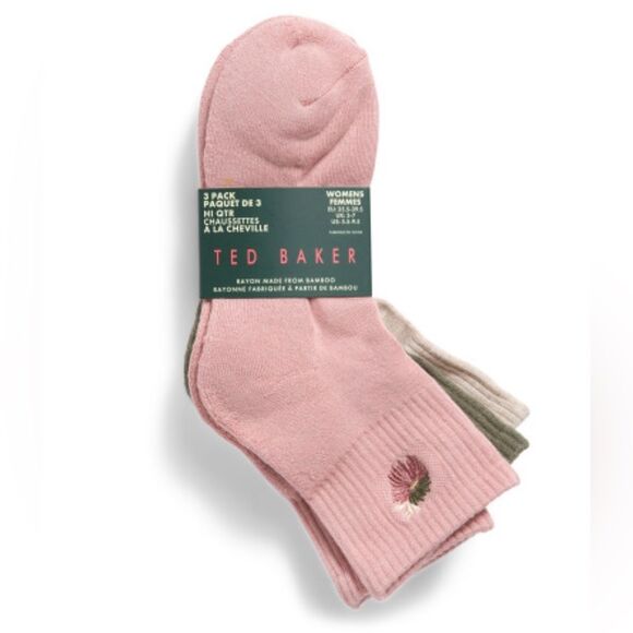 Ted Baker Pink Green Beige High Quarter Crew Floral Embroidery Stretch Socks 3pk - Picture 2 of 16